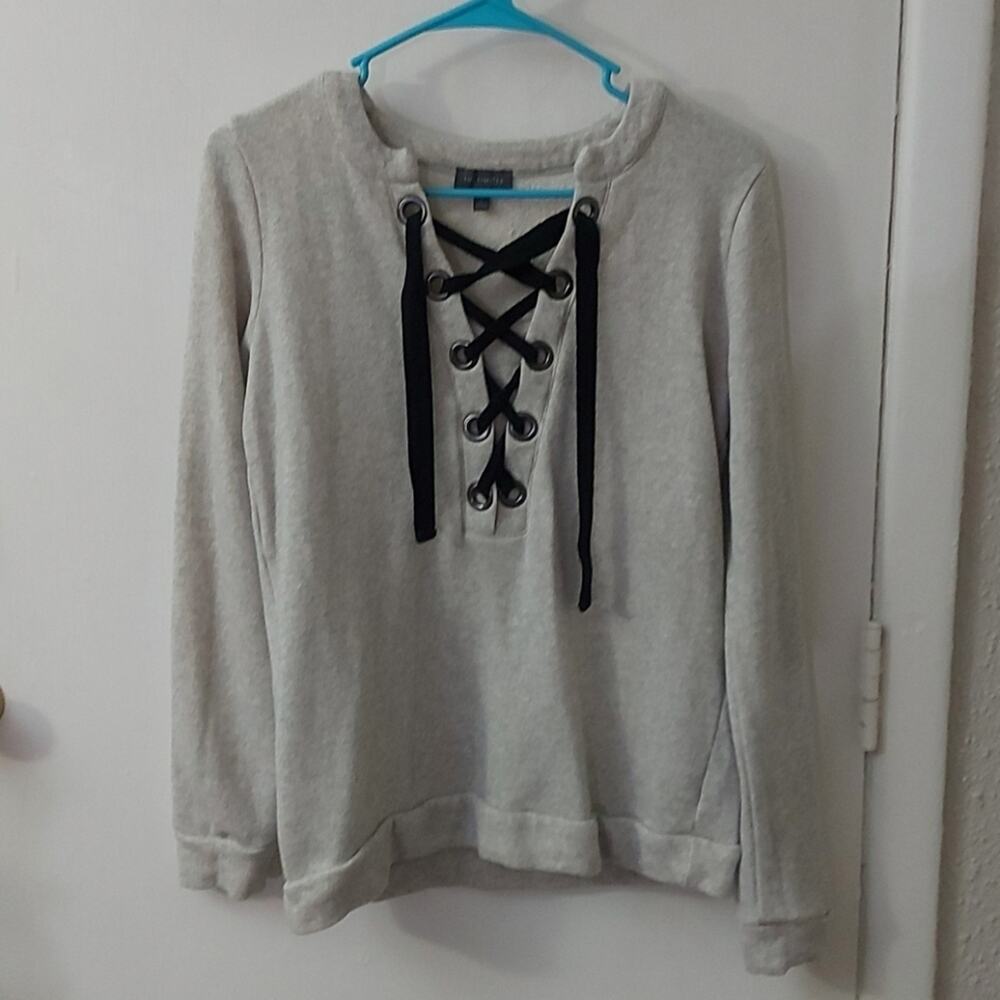 The Limited Women's Gray/Black Lace Up Tie Front V-Neck Sweatshirt S Casual Cozy